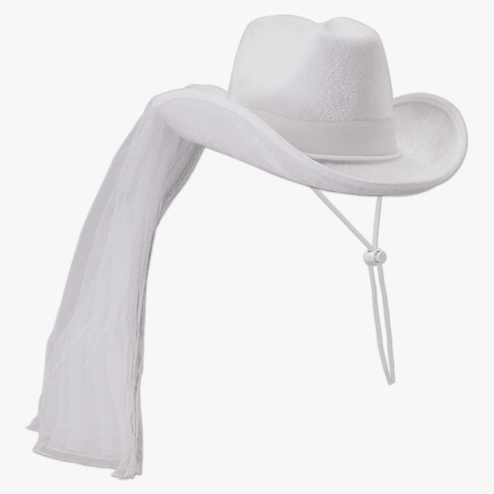 White Cowboy Hat with Veil – Bridal Western Bachelorette Party Hat 🤍🤠